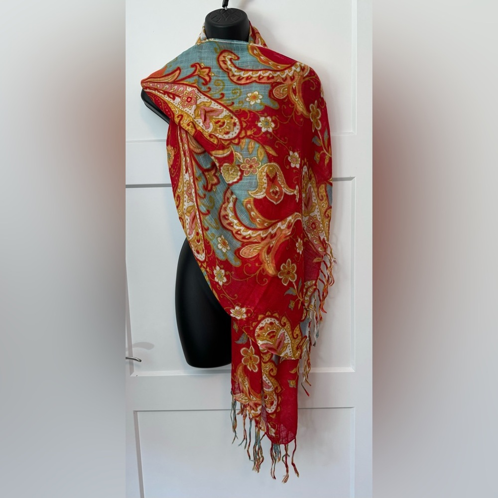 SPARTINA 449 Red Floral Scarf Wrap 70” x 24” Fringe Ends 3.5”